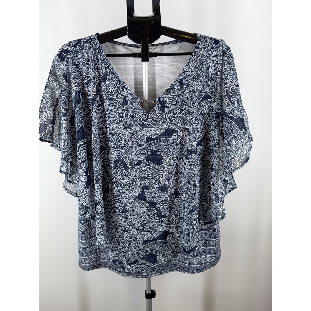 Westport Womens XL Navy Blue White Paisley Ruffle‎ Flutter Sleeve V-Neck Blouse